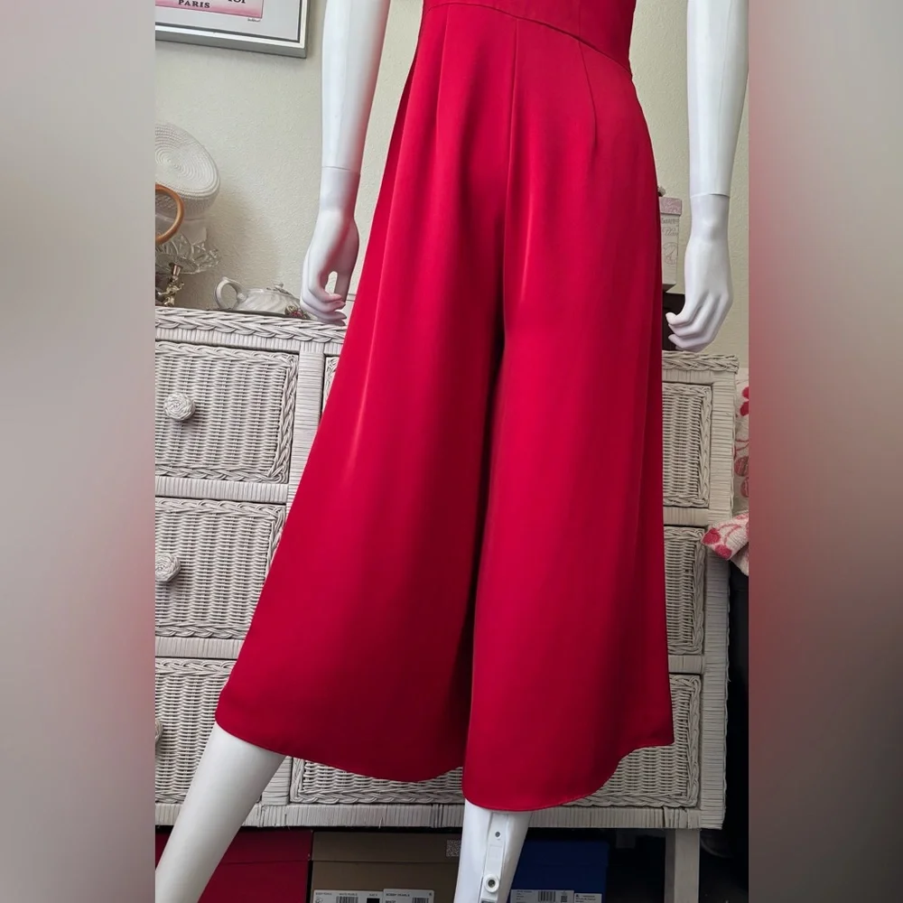 Gal Meets Glam Carmen One Shoulder Jumpsuit Large Red Bow Wide Gaucho Leg Size 4